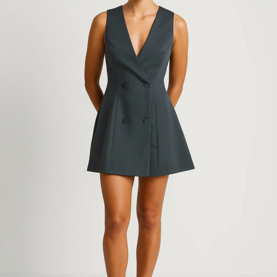 Elegante Blazer Mini Jurk met V Hals en Knopen