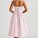 Elegante Strapless Midi Jurk met A Lijn en Ruitpatroon
