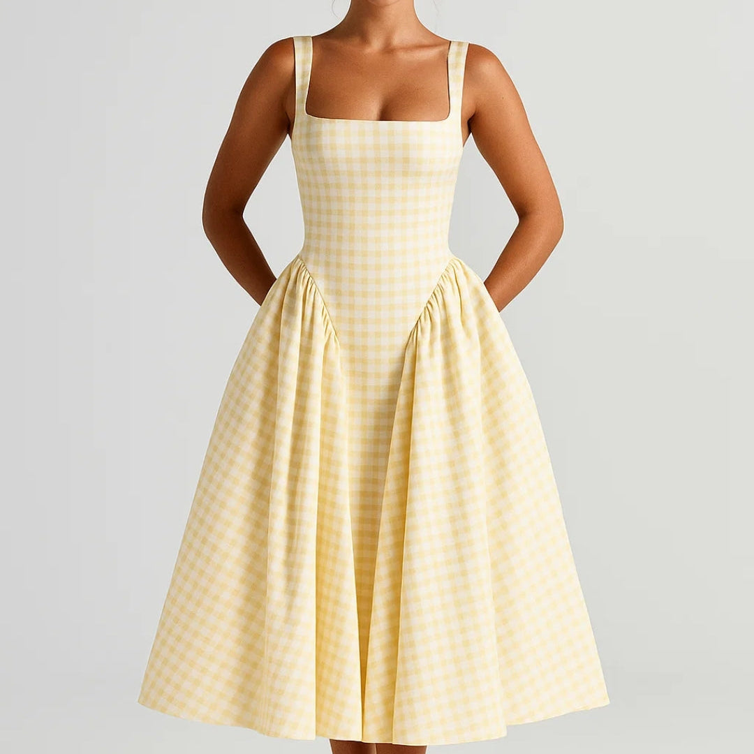 Elegante Strapless Midi Jurk met A Lijn en Ruitpatroon