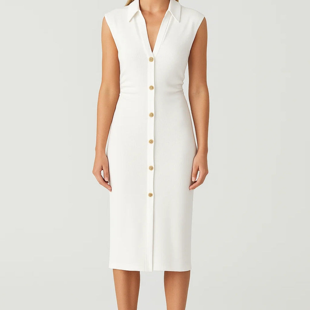 Elegante Mouwloze Midi Jurk met Knopen en Getailleerde Pasvorm