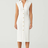 Elegante Mouwloze Midi Jurk met Knopen en Getailleerde Pasvorm