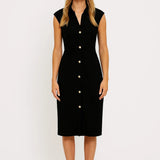Elegante Mouwloze Midi Jurk met Knopen en Getailleerde Pasvorm