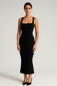Zwarte Bodycon Midi Jurk met Bandjes