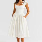 Witte Elegante Midi Jurk met Strikbandjes