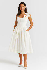 Witte Elegante Midi Jurk met Strikbandjes