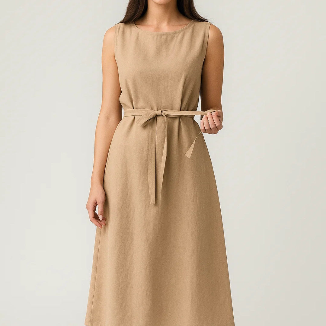 Elegante Mouwloze Midi Jurk met Tailleband