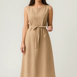 Elegante Mouwloze Midi Jurk met Tailleband