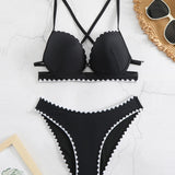 Zwarte Push-Up Bikini met Kant & Hoge Been Snit – 2-delig Set met Beugel Cups