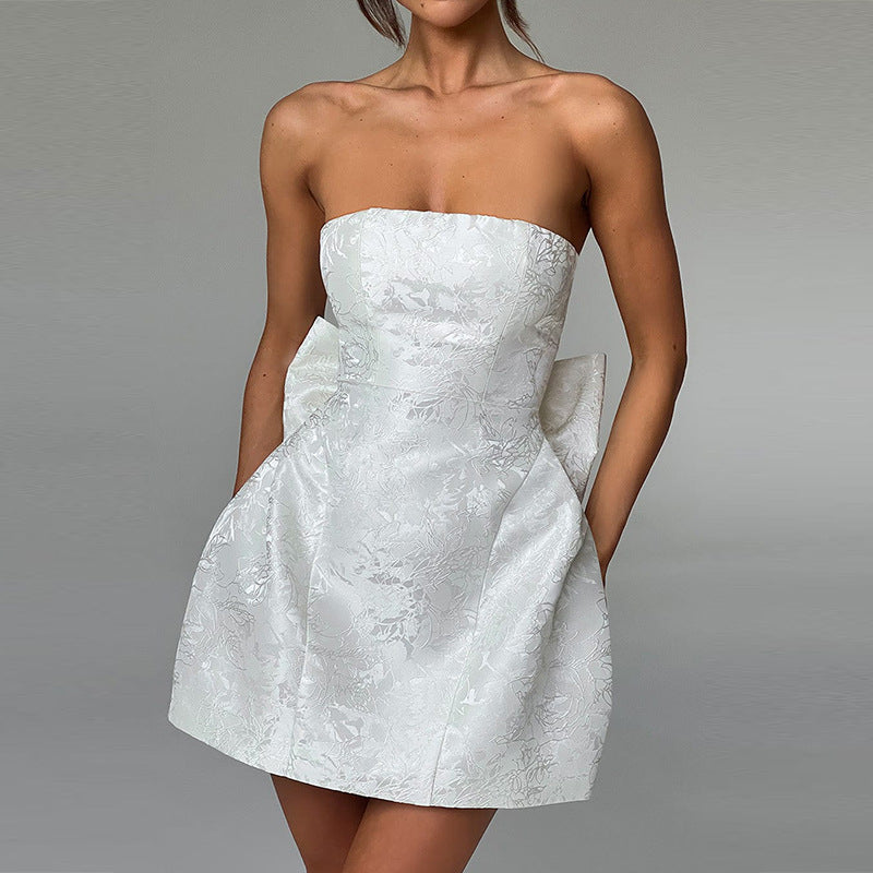 Champagnekleurige Mini-Cocktailjurk – Off-shoulder Avondjurk met Strikdetail