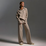 Dames Loungewear Set – Gebreide Tweedelige Set met Oversized Trui, Kraag & Wijde Broek
