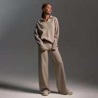 Dames Loungewear Set – Gebreide Tweedelige Set met Oversized Trui, Kraag & Wijde Broek