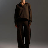 Dames Loungewear Set – Gebreide Tweedelige Set met Oversized Trui, Kraag & Wijde Broek