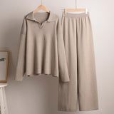 Dames Loungewear Set – Gebreide Tweedelige Set met Oversized Trui, Kraag & Wijde Broek