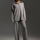 Dames Loungewear Set – Gebreide Tweedelige Set met Oversized Trui, Kraag & Wijde Broek