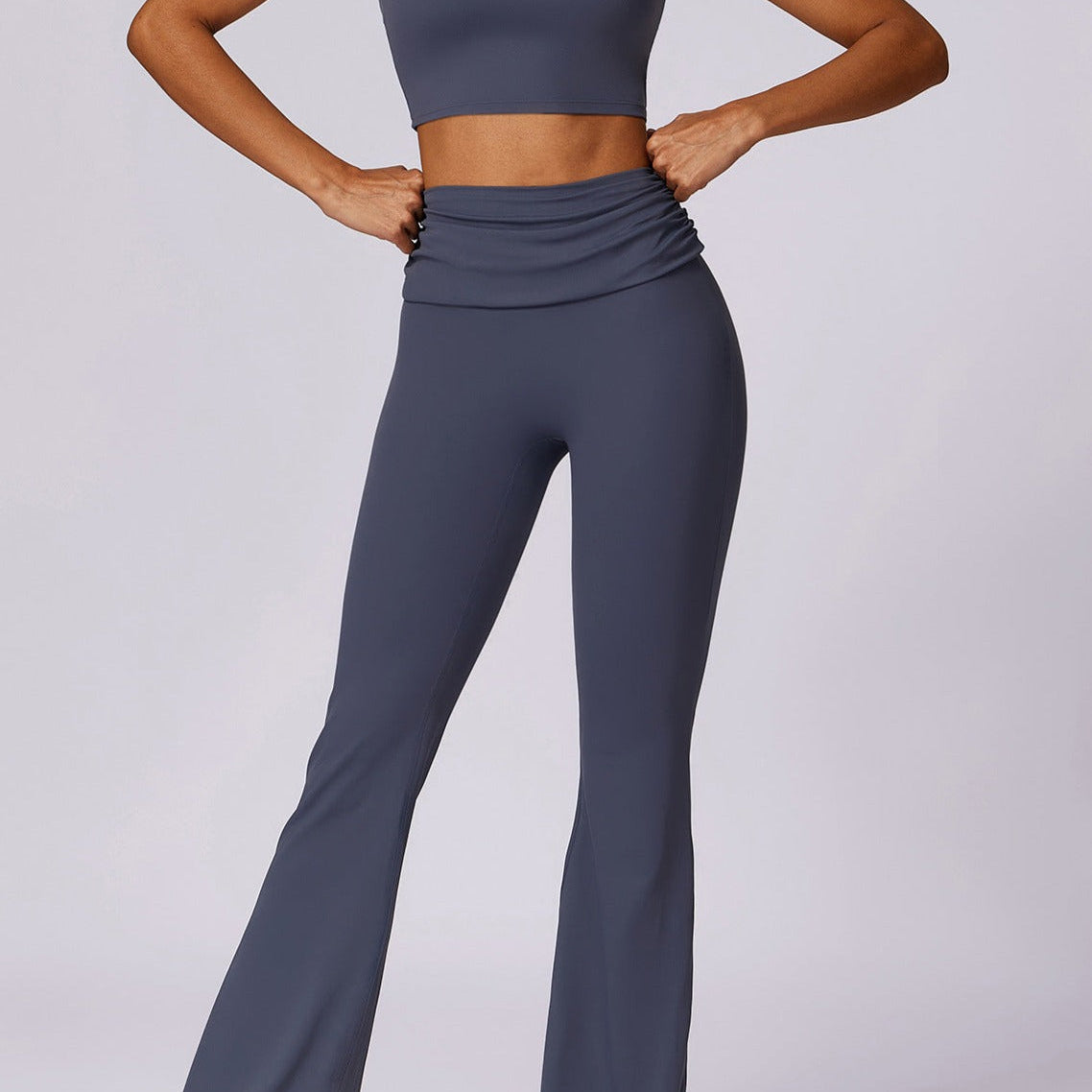 Amira | Donkerblauwe High-Waist Flare Leggings met Vouwband