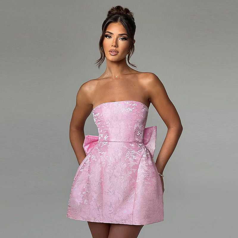 Champagnekleurige Mini-Cocktailjurk – Off-shoulder Avondjurk met Strikdetail