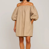Beige Off Shoulder Mini Jurk