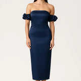 Donkerblauwe Off Shoulder Midi Jurk