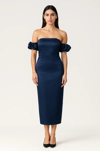 Donkerblauwe Off Shoulder Midi Jurk