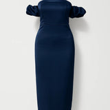 Donkerblauwe Off Shoulder Midi Jurk