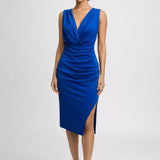 Elegante Gedrapeerde Midi Jurk met V Hals en Split