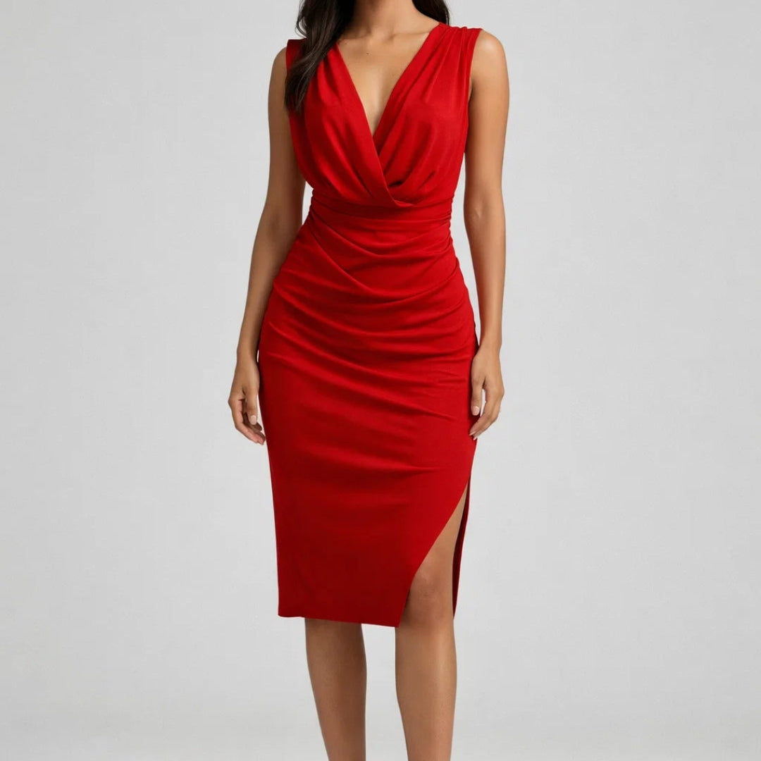 Elegante Gedrapeerde Midi Jurk met V Hals en Split