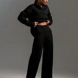 Dames Loungewear Set – Gebreide Tweedelige Set met Oversized Trui, Kraag & Wijde Broek