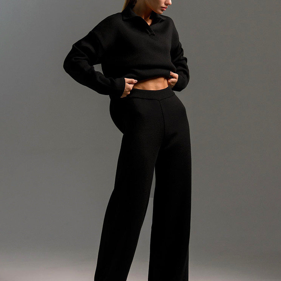 Dames Loungewear Set – Gebreide Tweedelige Set met Oversized Trui, Kraag & Wijde Broek