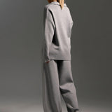 Dames Loungewear Set – Gebreide Tweedelige Set met Oversized Trui, Kraag & Wijde Broek
