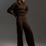 Dames Loungewear Set – Gebreide Tweedelige Set met Oversized Trui, Kraag & Wijde Broek