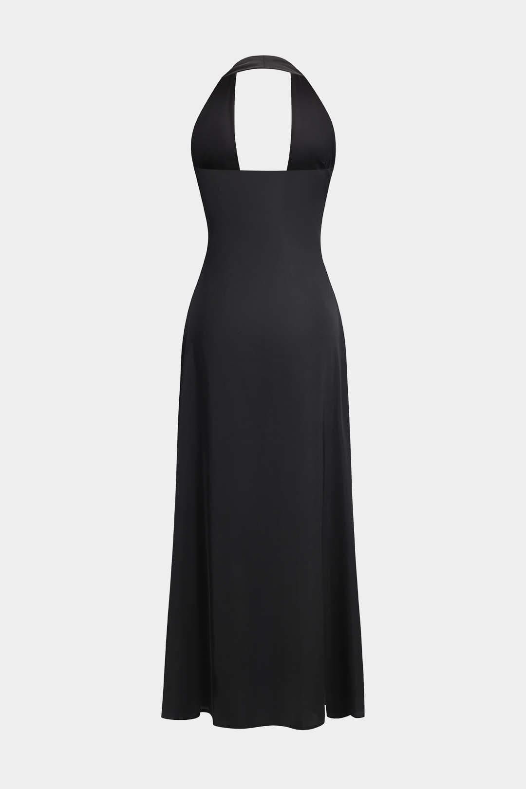 Amelia | Zwart Elegante Halterneck-Maxijurk – Tijdloze Avond-Elegantie