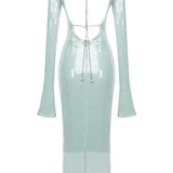 Maya | Spitze Front Lange Mouwen Mintgroene Glitters Jurk Dames