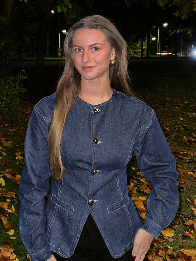 Dames-Denim-Set – Elegante Taillierte Jeansjack & High-Waist Wide-Leg Broek
