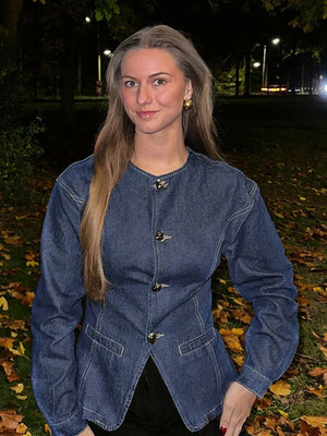 Dames-Denim-Set – Elegante Taillierte Jeansjack & High-Waist Wide-Leg Broek