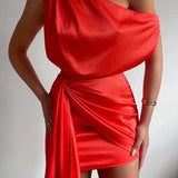 Fleur Elegante Mini Jurk – Satijnen One Shoulder Jurk met Overslag