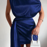 Fleur Elegante Mini Jurk – Satijnen One Shoulder Jurk met Overslag