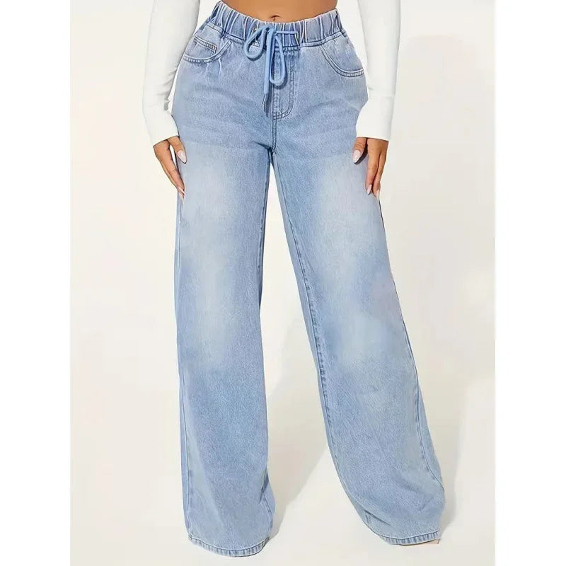 Wide leg jeans dames – high waist spijkerbroek met elastische taille & strik