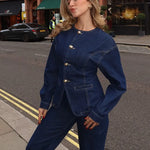 Dames-Denim-Set – Elegante Taillierte Jeansjack & High-Waist Wide-Leg Broek