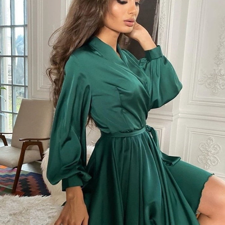 Pauline | Satijnen jurk - Lange mouwen Ruffles