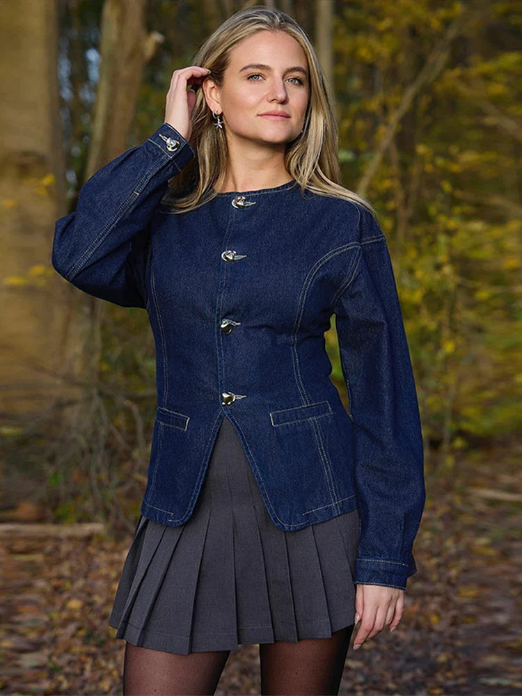 Dames-Denim-Set – Elegante Taillierte Jeansjack & High-Waist Wide-Leg Broek