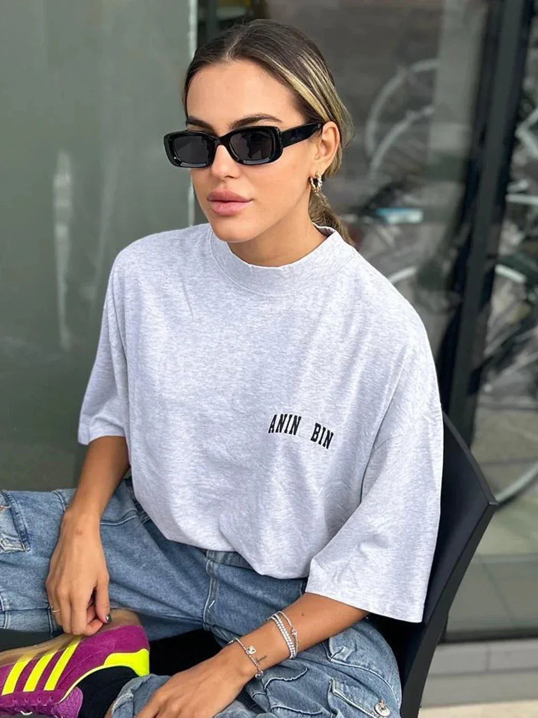 Oversized Dames T-Shirt in Grijs met Klein Logo-Print