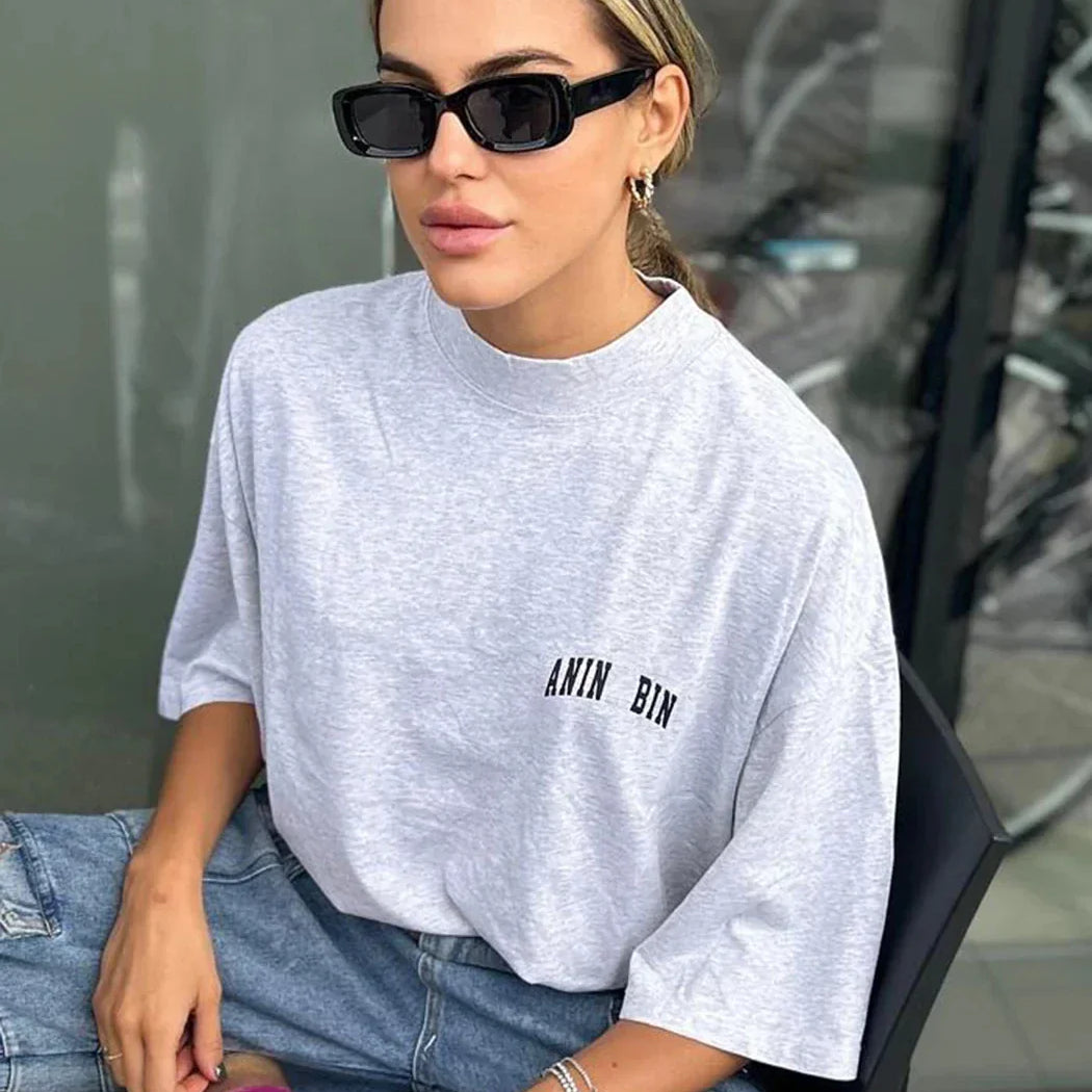 Oversized Dames T-Shirt in Grijs met Klein Logo-Print