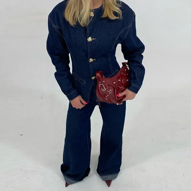 Dames-Denim-Set – Elegante Taillierte Jeansjack & High-Waist Wide-Leg Broek