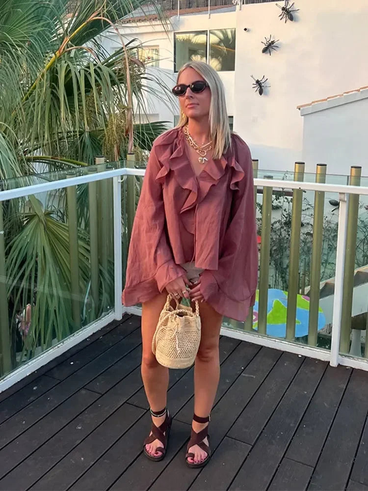 Transparante Volantblouse in Bruin – Feminin, Elegant & Uitgesproken