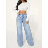Wide leg jeans dames – high waist spijkerbroek met elastische taille & strik