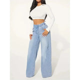 Wide leg jeans dames – high waist spijkerbroek met elastische taille & strik