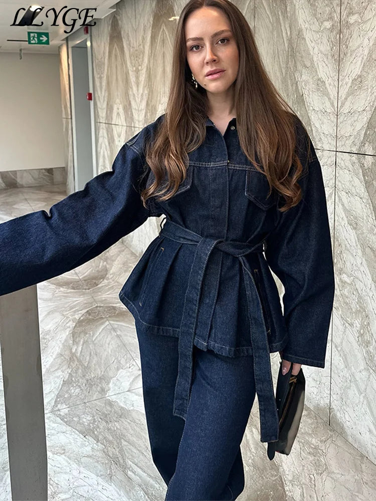 Dames-Denim-Set – Elegante Taillierte Jeansjacke met Ceintuur & Wijde High-Waist Broek