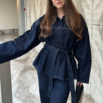 Dames-Denim-Set – Elegante Taillierte Jeansjacke met Ceintuur & Wijde High-Waist Broek