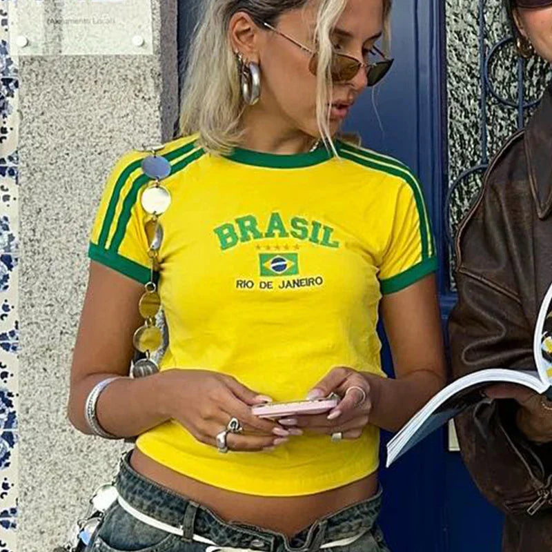 Cropped Dames T-Shirt met Brazilië-Print in Retro Sportstijl
