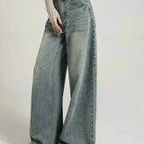 Grijze wide leg jeans dames – high waist spijkerbroek met stoere washed look
